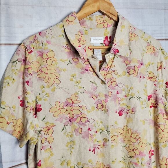 Liz Claiborne Vintage Blouse Women Large Linen Floral Button Cottage Preppy Boho - Picture 3 of 8